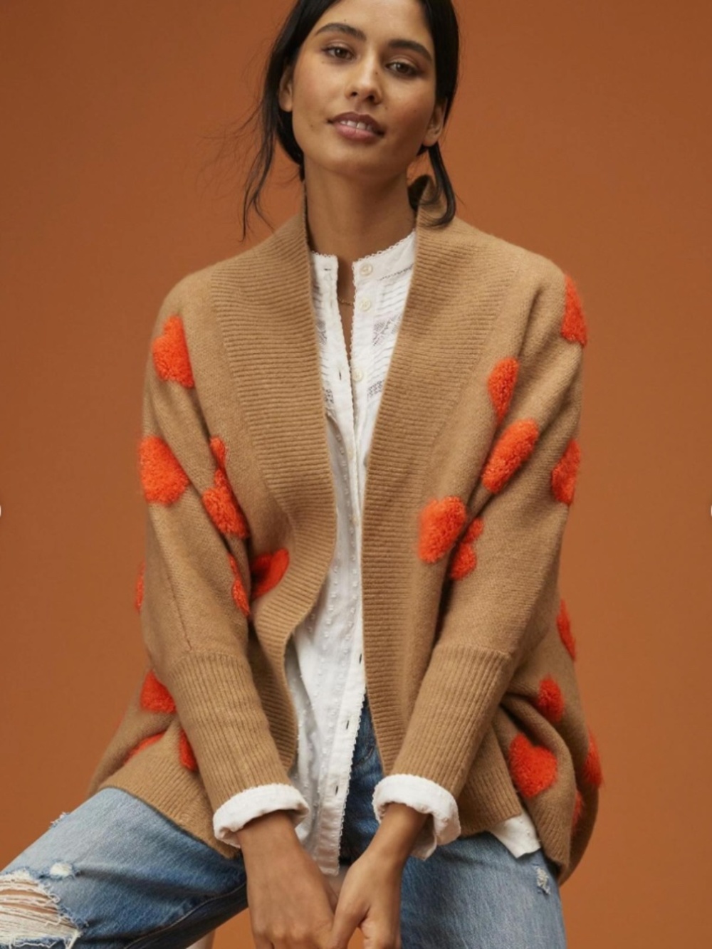 Anthro Boucle Heart Knit Cardigan